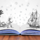 open book with pirate and pirate ship illustration