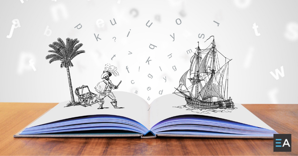 open book with pirate and pirate ship illustration