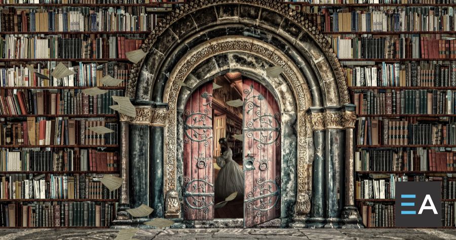 An ornate door in a bookshelf opening to reveal a woman in a dress