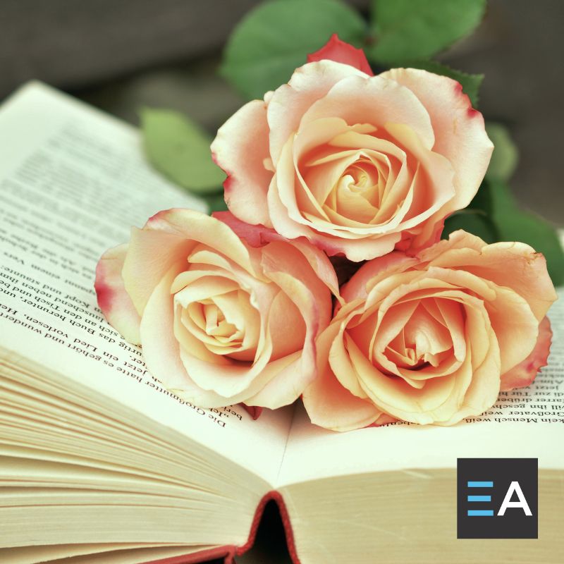 Three pink roses atop an open book