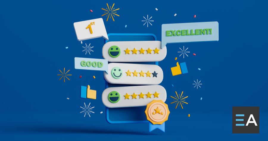 A cartoony collection of five star reviews, medals, and thumbs-up emojis