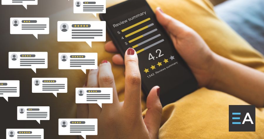 A person holding a phone displaying a 4.2 star rating. Around it are comment bubbles with reviews