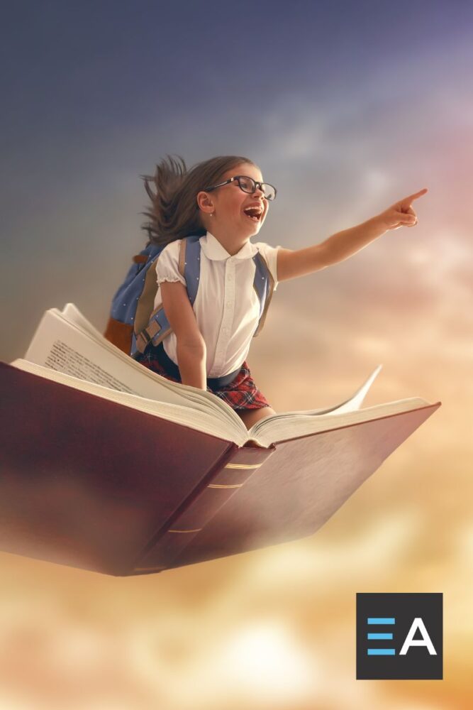 A child flying through the sky on a large book