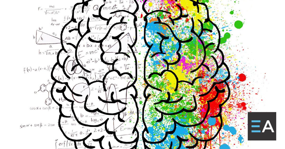 A drawing of a brain. The left hemisphere is covered in math symbols while the left hemisphere is covered in multicolored paint splotches