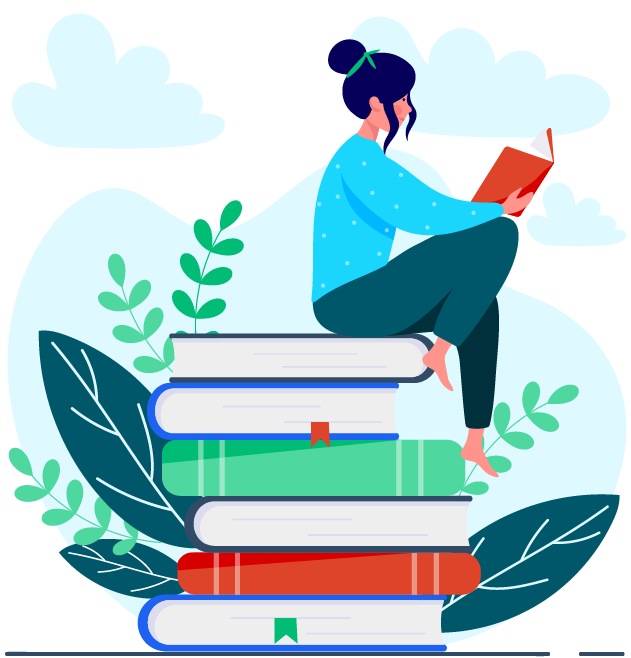 woman sitting on stack of books