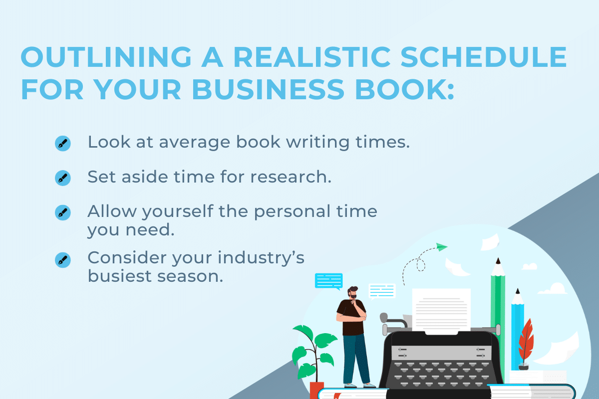 Text on a blue background with a cartoon typewriter in the bottom right corner