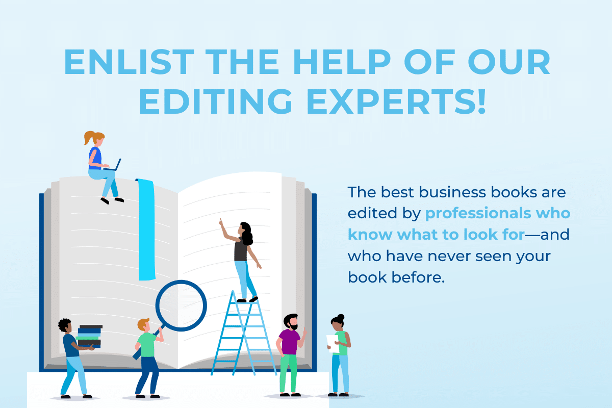 Text on a blue background with a cartoon of people investigating a book in the bottom left corner
