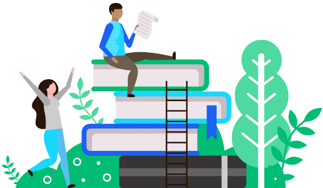 people sitting on books