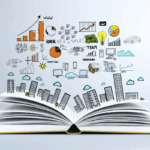 An open book with cartoon skyscrapers growing from its pages and business graphics above