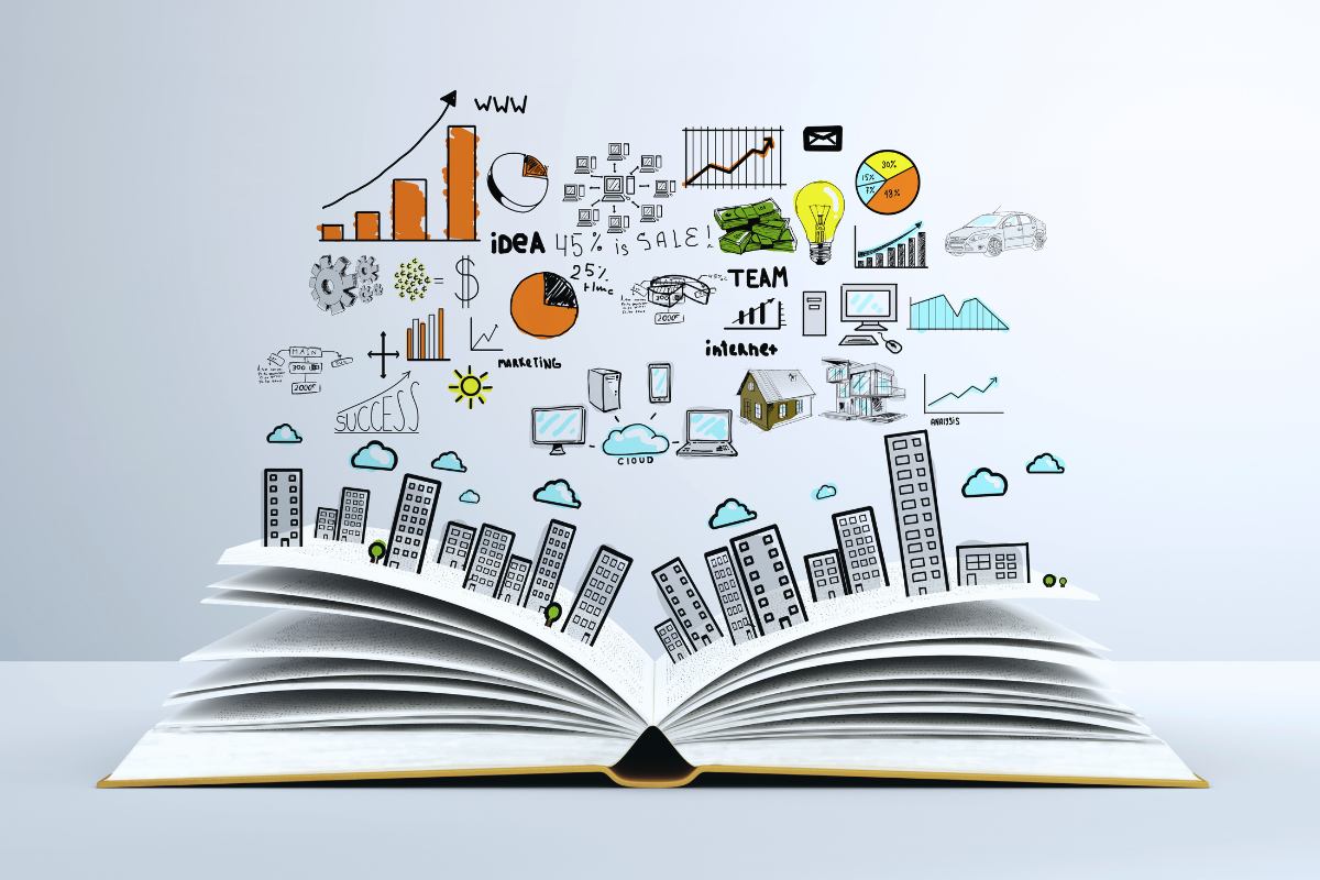 An open book with cartoon skyscrapers growing from its pages and business graphics above