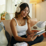 Author reviewing a finished book beside headphones while considering an audiobook edition