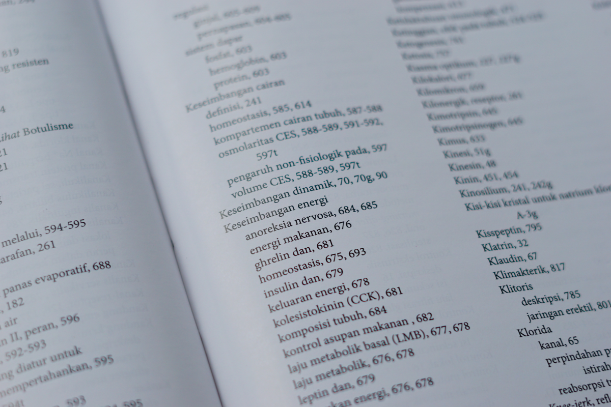 A printed book index