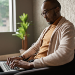 A business author typing on a laptop