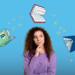 A writer thinks while three cartoon books circle them