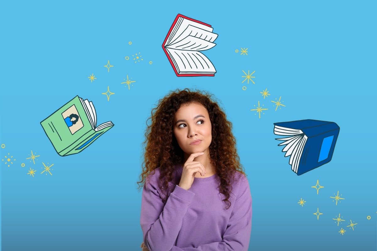 A writer thinks while three cartoon books circle them