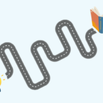 A light bulb and a book connected by a winding road