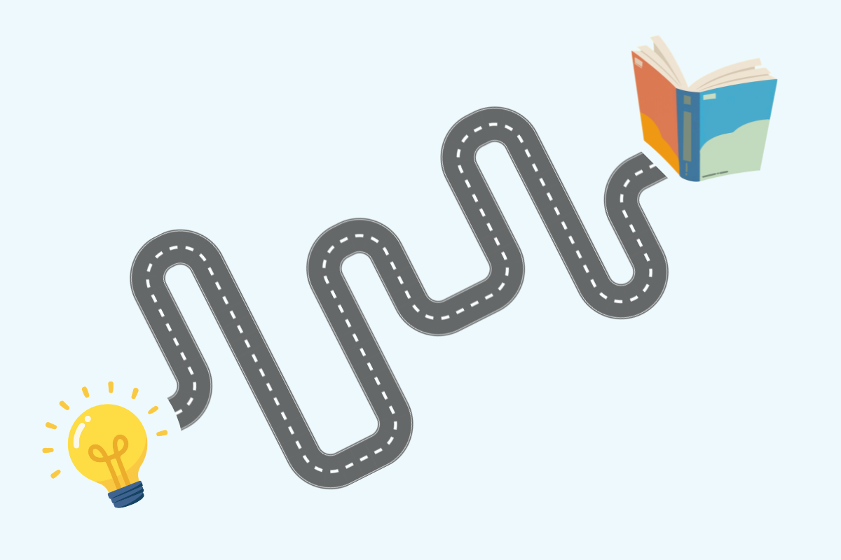 A light bulb and a book connected by a winding road