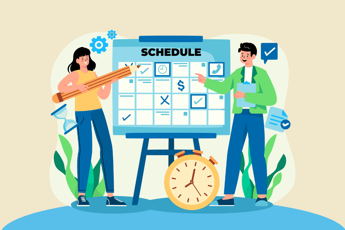 Two people interacting with a large calendar