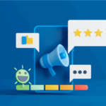 A megaphone inside a smartphone surrounded by imagery including thumbs up and a star rating