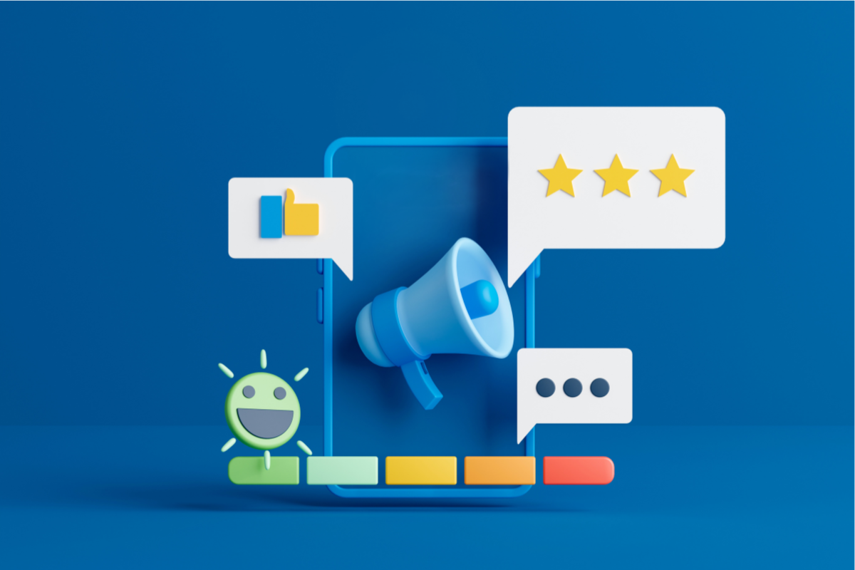 A megaphone inside a smartphone surrounded by imagery including thumbs up and a star rating