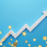 An upward pointing graph rises from a field of stars