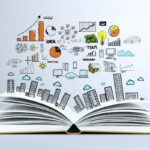 An open book with cartoon skyscrapers growing from its pages and business graphics above