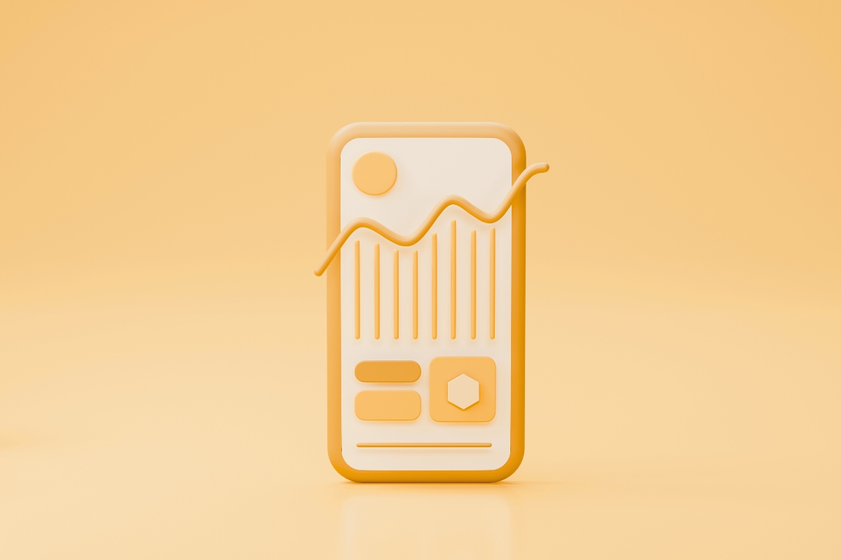 An abstracted graphic of a smart phone displaying marketing graphs on a yellow background
