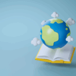A globe hovering over an open book against a blue background