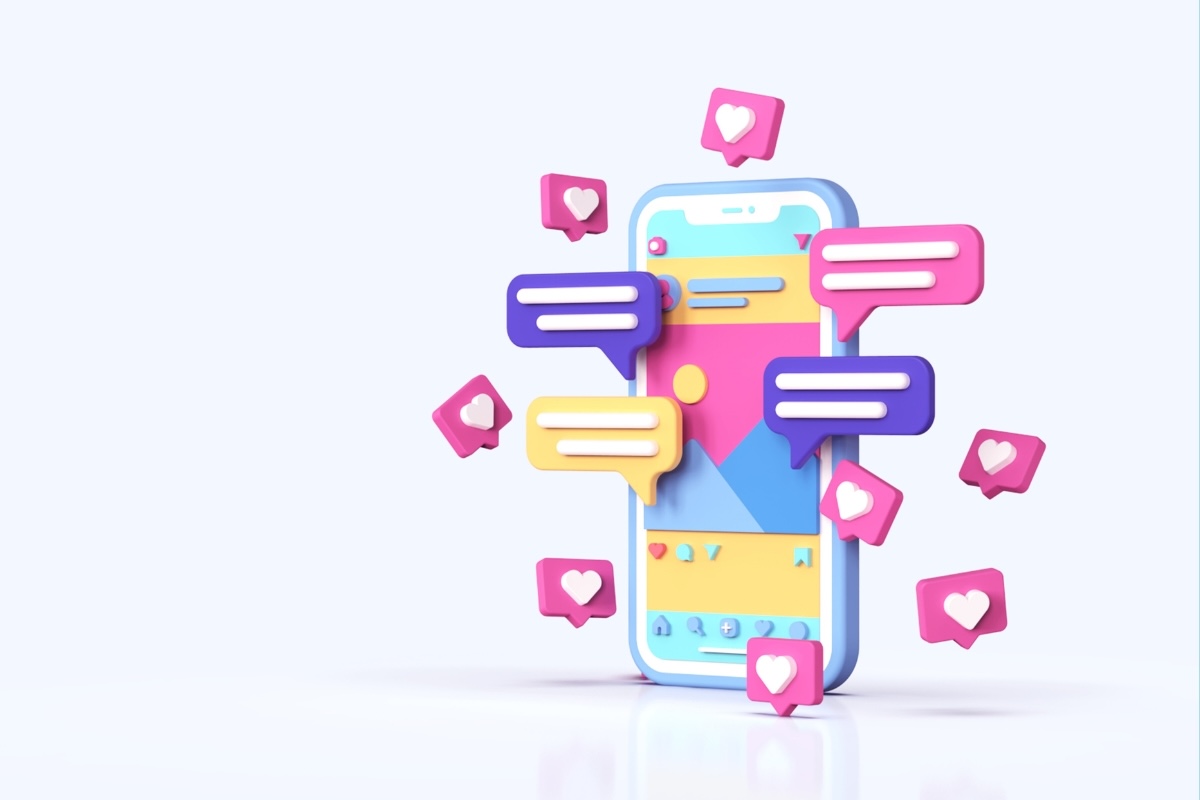 A graphic of a phone surrounded by message bubbles