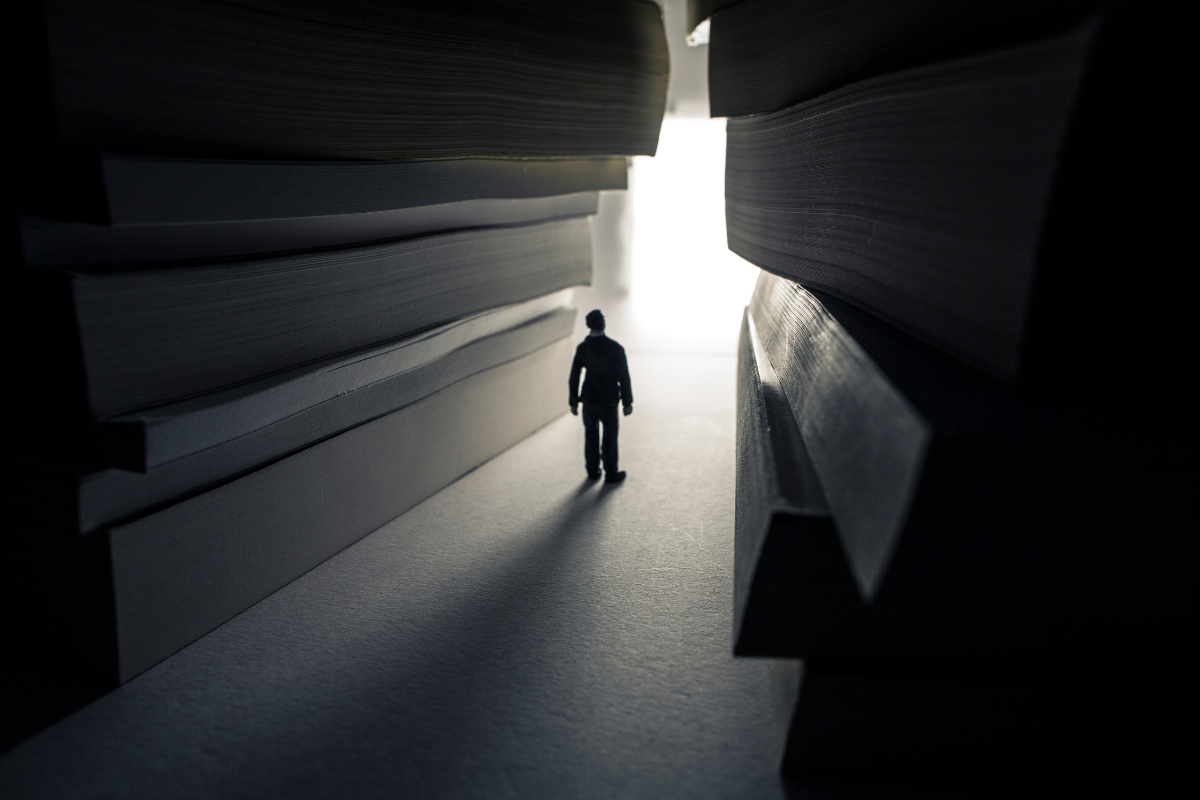 A silhouette of a person standing between two stacks of books