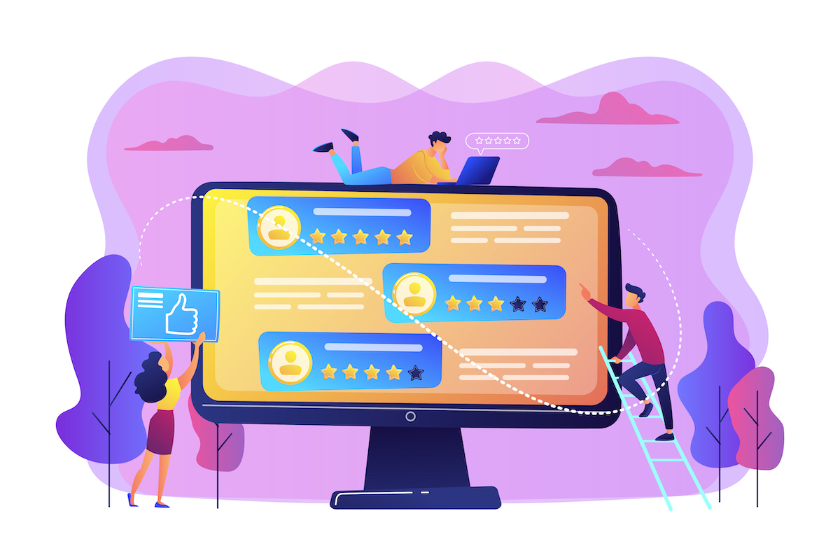 Tiny business people using rating site to vote on people on computer screen. Rating site, professional rank site, content rating page concept. Bright vibrant violet vector isolated illustration