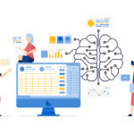 Illustration of People Accessing an Internet Network Connected to an AI Brain to Solve Spreadsheet Data, Business, and Accounting Problems for Enhanced Work Efficiency