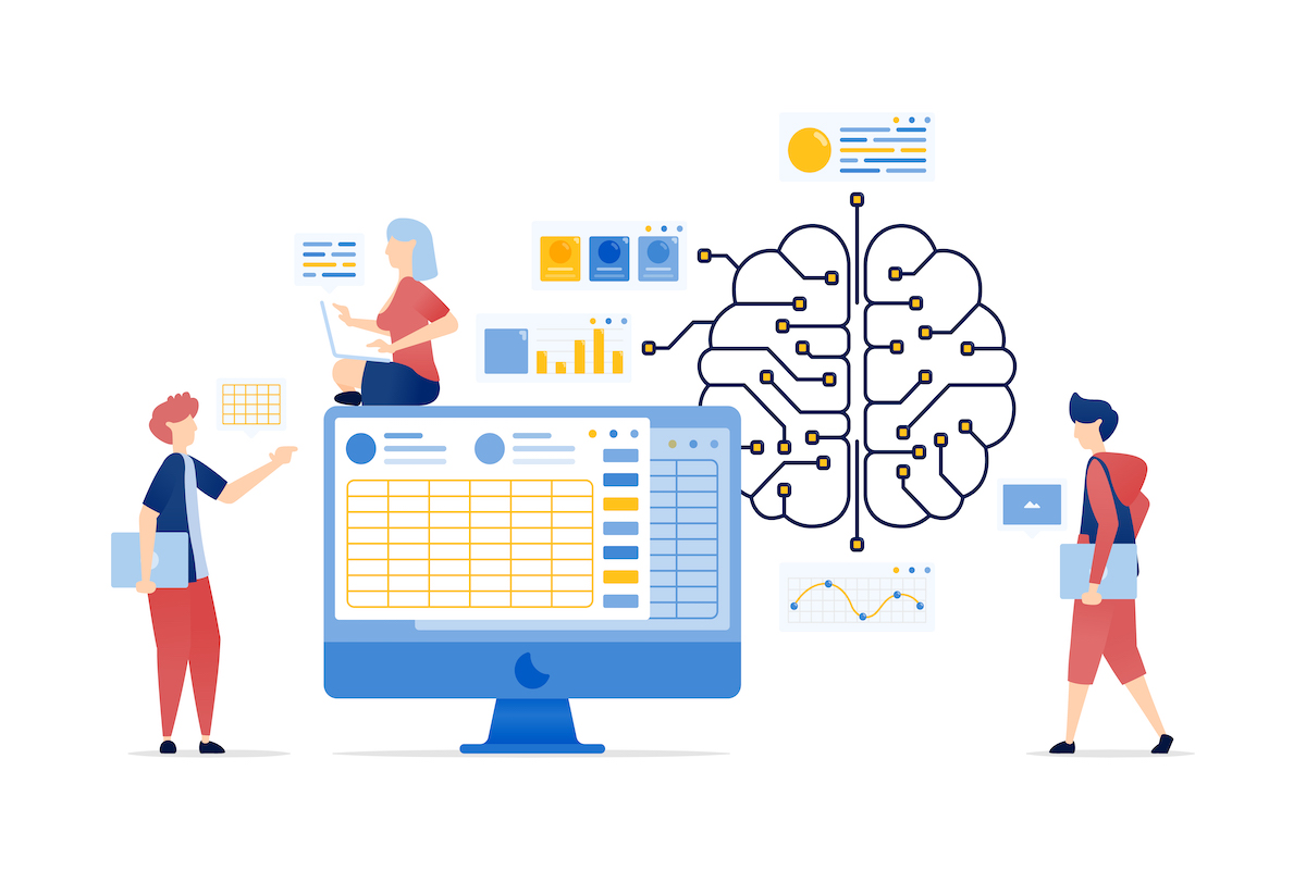 Illustration of People Accessing an Internet Network Connected to an AI Brain to Solve Spreadsheet Data, Business, and Accounting Problems for Enhanced Work Efficiency