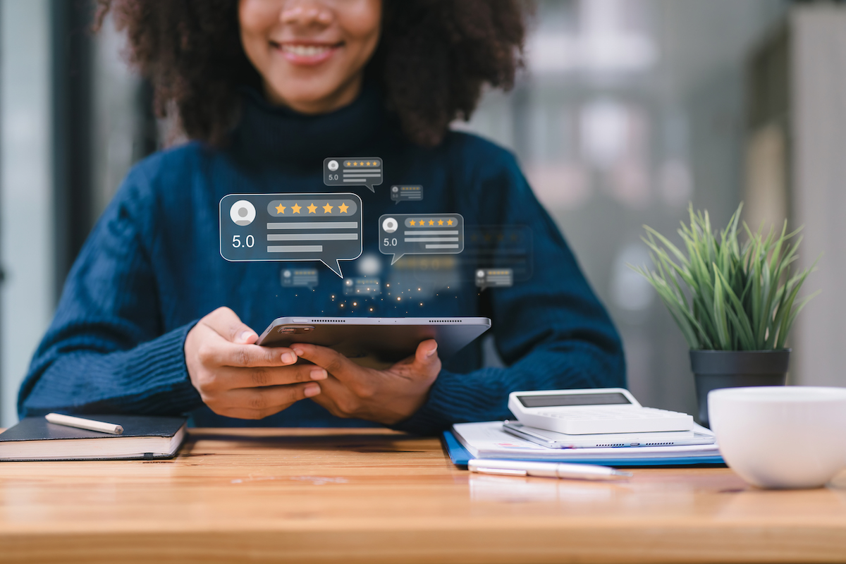 African American customer providing five satisfaction ratings. Customer service evaluation concept