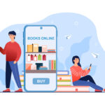 Cartoon people lounge on stacks of books next to a large phone