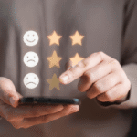 A person leaves a review on their phone