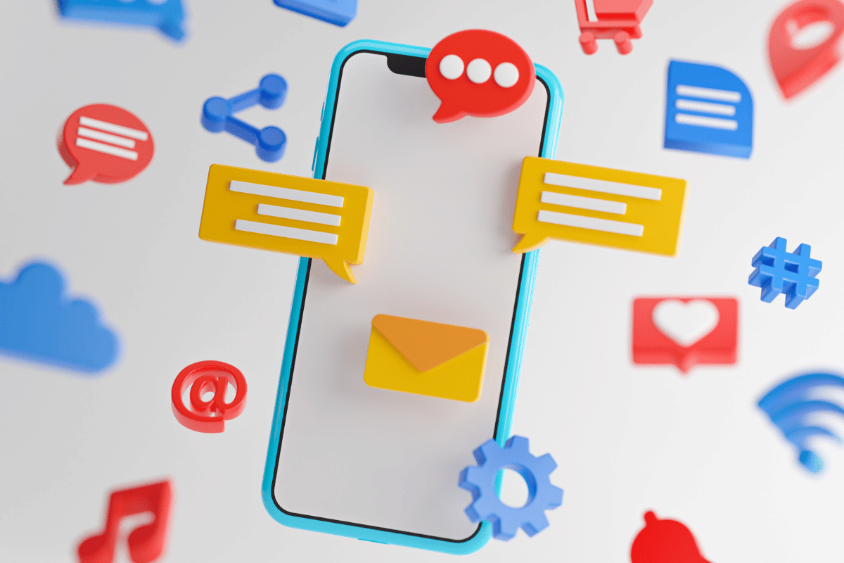 A smart phone surrounded by icons of comment boxes and share buttons