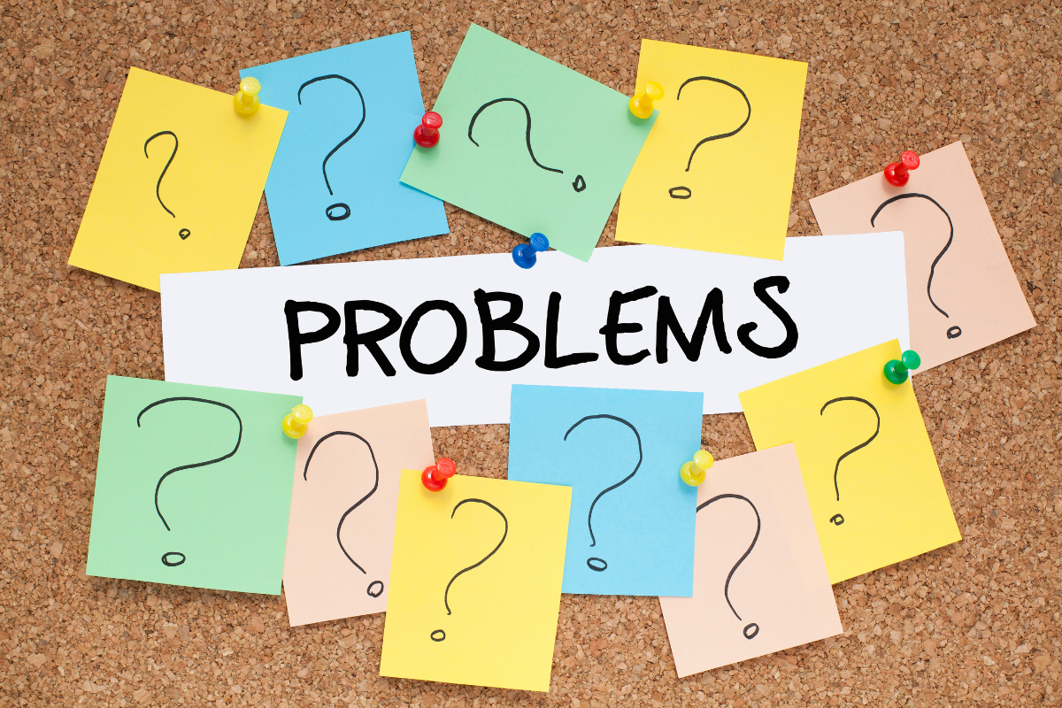 The word problems surrounded by sticky notes with question marks on them