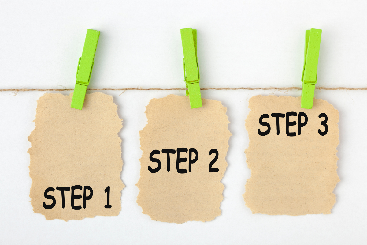 Cardboard rectangles listing out steps one through three hanging on a cord