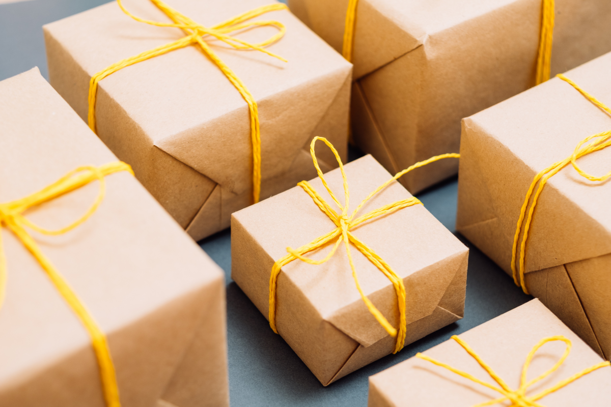 Several brown paper packages tied up with string