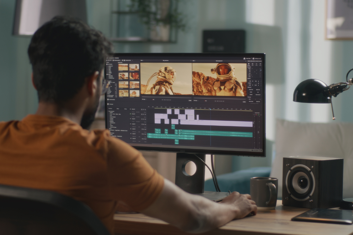 A video editor working on a computer
