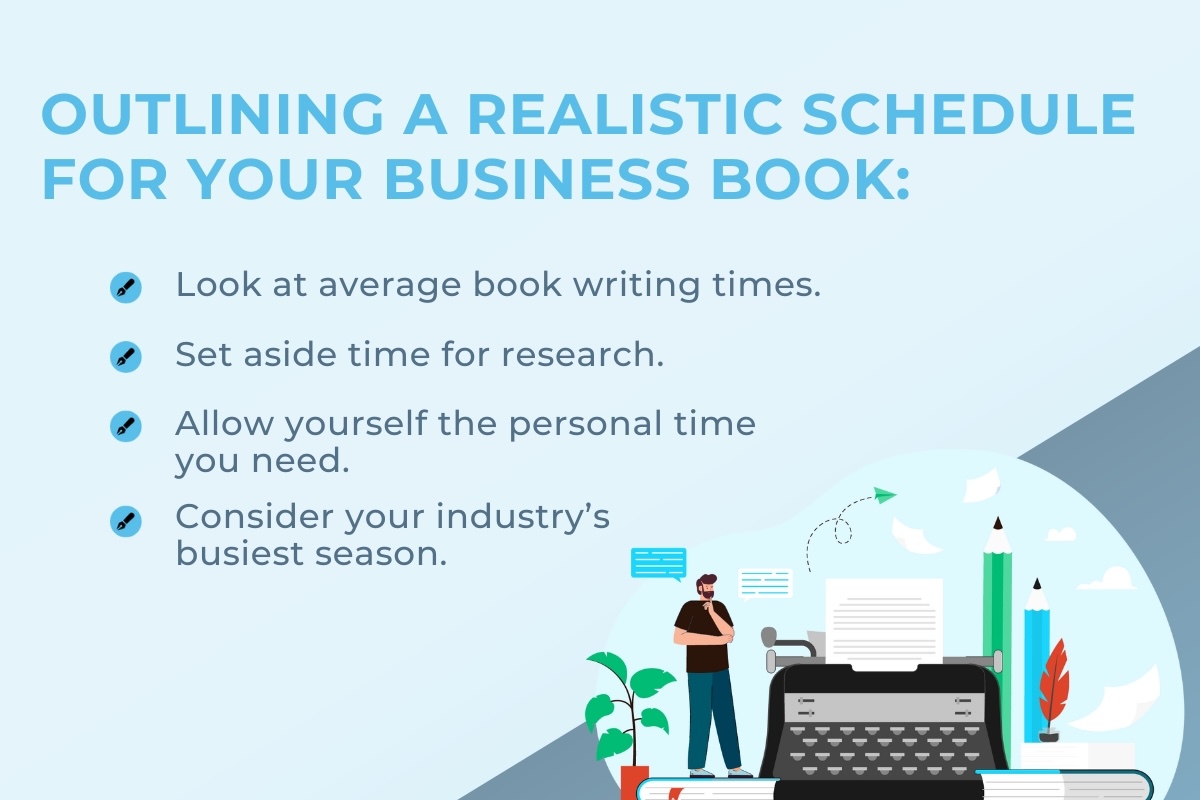 Text on a blue background with a cartoon typewriter in the bottom right corner