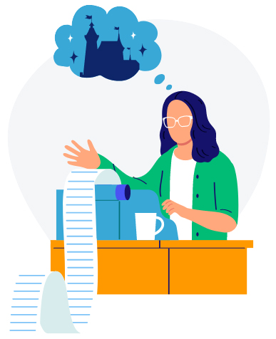 woman writing at a desk with a thought bubble with a castle above her head