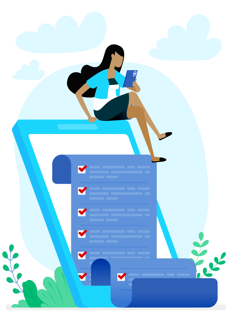 woman sitting on a screen with a checklist